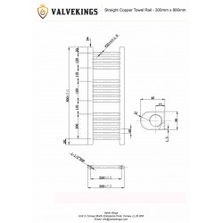 Straight Copper Towel Rail - 300 x 800mm - Technical Drawing