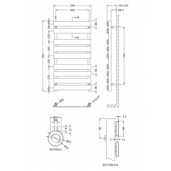 Piazza Chrome Heated Towel Rail - 500 x 950mm - Technical Drawing