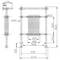 Harrow Traditional Towel Rail - 673 x 965mm - Technical Drawing