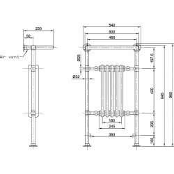 Small Harrow Traditional Towel Rail - 540 x 965mm - Technical Drawing