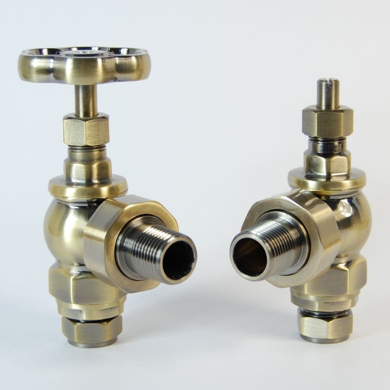 Rosa Angled Manual Radiator Valves - Antiqued Brass