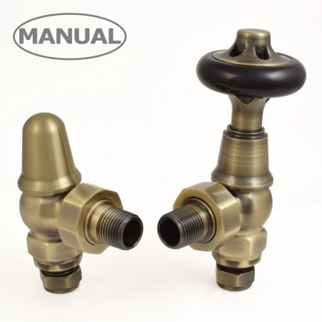 Commodore Angled Manual Radiator Valve & Lockshield - Antiqued Brass