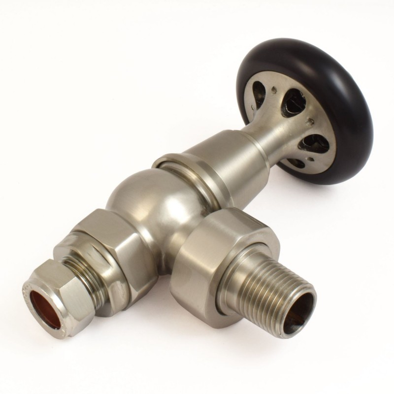 Commodore Angled Manual Radiator Valve & Lockshield Satin Nickel