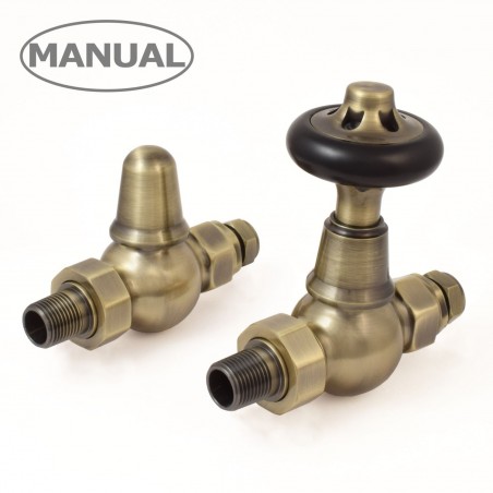 Commodore Straight Manual Radiator Valve & Lockshield - Antiqued Brass