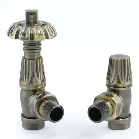 Gothic Angled Thermostatic Radiator Valves - Antique Brass