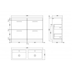 Athena Gloss Grey Mist 1200mm 4 Drawer Floor Standing Cabinet With Double Ceramic Basin - Technical Drawing