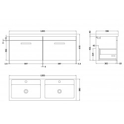 Athena Gloss Grey Mist 1200mm 2 Drawer Wall Hung Cabinet With Double Ceramic Basin - Technical Drawing