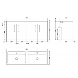 Athena Gloss Grey Mist 1200mm 4 Door Wall Hung Cabinet With Double Ceramic Basin - Technical Drawing