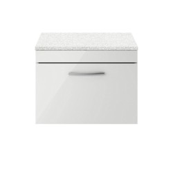 Athena Gloss Grey Mist 600mm Single Drawer Wall Hung Cabinet With Sparkling White Worktop - Main