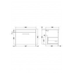 Athena Gloss Grey Mist 600mm Single Drawer Wall Hung Cabinet With Sparkling White Worktop - Technical Drawing