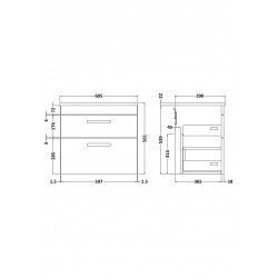 Athena Gloss Grey Mist 600mm 2 Drawer Wall Hung Cabinet With Sparkling White Worktop - Technical Drawing