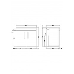 Athena Gloss Grey Mist 600mm 2 Door Wall Hung Cabinet With Sparkling White Worktop - Technical Drawing