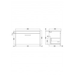 Athena Gloss Grey Mist 800mm Single Drawer Wall Hung Cabinet With Sparkling Black Worktop - Technical Drawing