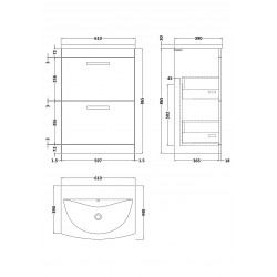 Athena Gloss Grey Mist 600mm Floor Standing Cabinet With Curved Basin - Technical Drawing