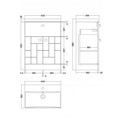 Blocks Satin White 600mm Floor Standing 2 Doors & 1 Drawer Vanity Unit with Thin-Edge Basin - Technical Drawing
