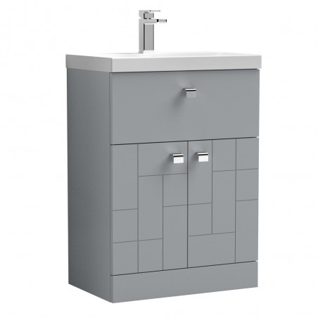Blocks Satin Grey 600mm Floor Standing 2 Doors & 1 Drawer Vanity Unit with Thin-Edge Basin - Main
