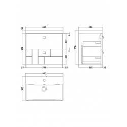 Blocks Satin Grey 600mm Wall Hung 2 Drawer Vanity Unit with Thin-Edge Basin - Technical Drawing