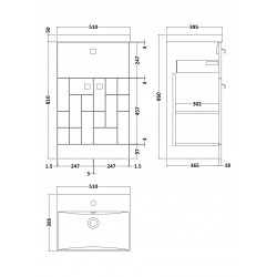 Blocks Satin White 500mm Floor Standing 2 Door with Drawer Vanity Unit with Thin-Edge Basin - Technical Drawing