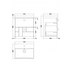 Blocks Satin White 500mm Wall Hung 2 Drawer Vanity Unit with Thin-Edge Basin - Technical Drawing