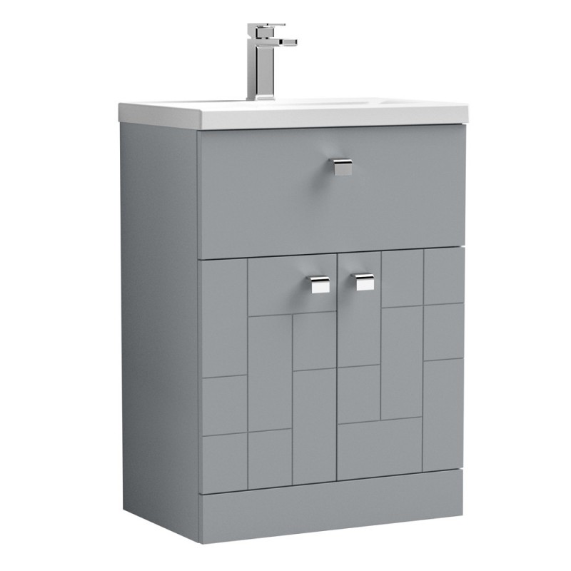 Blocks Satin Grey 600mm Floor Standing 2 Door with Drawer Vanity Unit with Mid-Edge Basin - Main