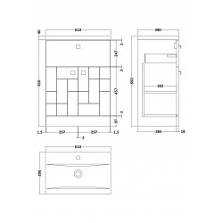 Blocks Satin Grey 600mm Floor Standing 2 Door with Drawer Vanity Unit with Mid-Edge Basin - Technical Drawing