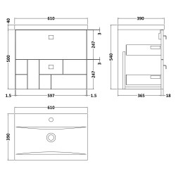 Blocks Satin Grey 600mm Wall Hung 2 Drawer Vanity Unit with Mid-Edge Basin - Technical Drawing