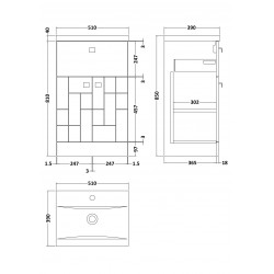Blocks Satin White 500mm Floor Standing 2 Door with Drawer Vanity Unit with Mid-Edge Basin - Technical Drawing