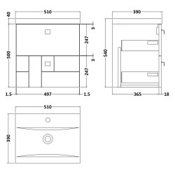 Blocks Satin White 500mm Wall Hung 2 Drawer Vanity Unit with Mid-Edge Basin - Technical Drawing