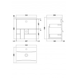 Blocks Satin Blue 500mm Wall Hung 2 Drawer Vanity Unit with Mid-Edge Basin - Technical Drawing