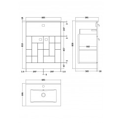 Blocks Satin White 600mm Floor Standing 2 Door with Drawer Vanity Unit with Minimalist Basin - Technical Drawing