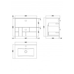 Blocks Satin Grey 600mm Wall Hung 2 Drawer Vanity Unit with Minimalist Basin - Technical Drawing