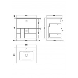 Blocks Satin White 500mm Wall Hung 2 Drawer Vanity Unit with Minimalist Basin - Technical Drawing