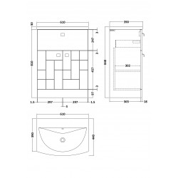 Blocks Satin White 600mm Floor Standing 2 Door with Drawer Vanity Unit with Curved Basin - Technical Drawing