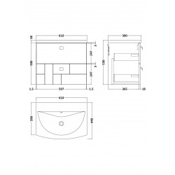 Blocks Satin Grey 600mm Wall Hung 2 Drawer Vanity Unit with Curved Basin - Technical Drawing