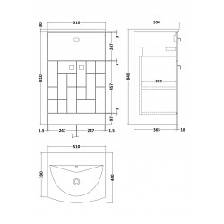 Blocks Satin White 500mm Floor Standing 2 Door with Drawer Vanity Unit with Curved Basin - Technical Drawing