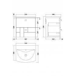 Blocks Satin White 500mm Wall Hung 2 Drawer Vanity Unit with Curved Basin - Technical Drawing