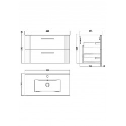 Deco Satin Grey 800mm Wall Hung 2 Drawer Vanity Unit with Minimalist Basin - Technical Drawing