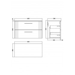 Deco Satin Grey 800mm Wall Hung 2 Drawer Vanity Unit with Laminate Top - Technical Drawing
