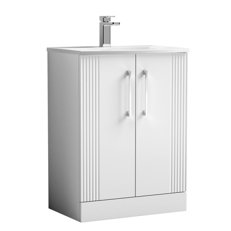 Deco Satin White 600mm Freestanding 2 Door Vanity Unit with Curved Basin - Main