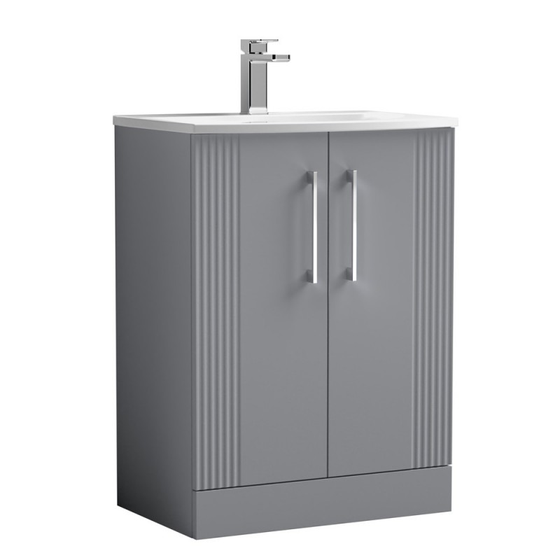 Deco Satin Grey 600mm Freestanding 2 Door Vanity Unit with Curved Basin - Main