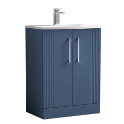 Deco Satin Blue 600mm Freestanding 2 Door Vanity Unit with Curved Basin - Main