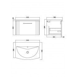 Deco Satin White 600mm Wall Hung Single Drawer Vanity Unit with Curved Basin - Technical Drawing