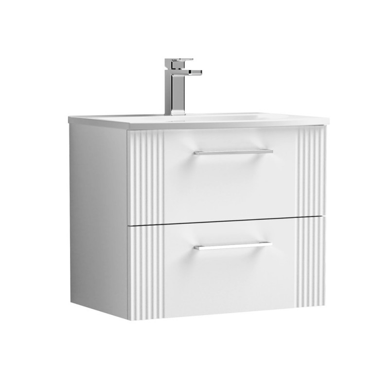 Deco Satin White 600mm Wall Hung 2 Drawer Vanity Unit with Curved Basin - Main