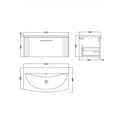 Deco Satin Anthracite 800mm Wall Hung Single Drawer Vanity Unit with Curved Basin - Technical Drawing