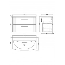 Deco Satin Blue 800mm Wall Hung 2 Drawer Vanity Unit with Curved Basin - Technical Drawing