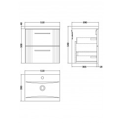 Deco Satin Grey 500mm Wall Hung 2 Drawer Vanity Unit with Mid-Edge Basin - Technical Drawing