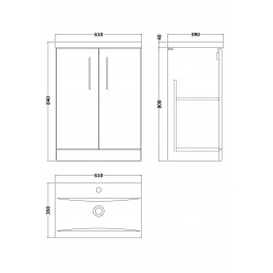 Arno Matt Electric Blue 600mm Freestanding 2 Door Vanity Unit with Mid-Edge Basin - Technical Drawing