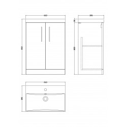 Arno Matt Electric Blue 600mm Freestanding 2 Door Vanity Unit with Thin-Edge Basin - Technical Drawing