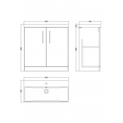 Arno Matt Electric Blue 800mm Freestanding 2 Door Vanity Unit with Thin-Edge Basin - Technical Drawing