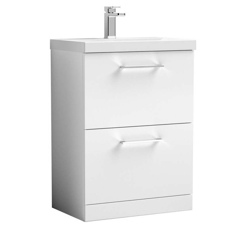 Arno Gloss White 600mm Freestanding 2 Drawer Vanity Unit with Thin-Edge Basin - Main